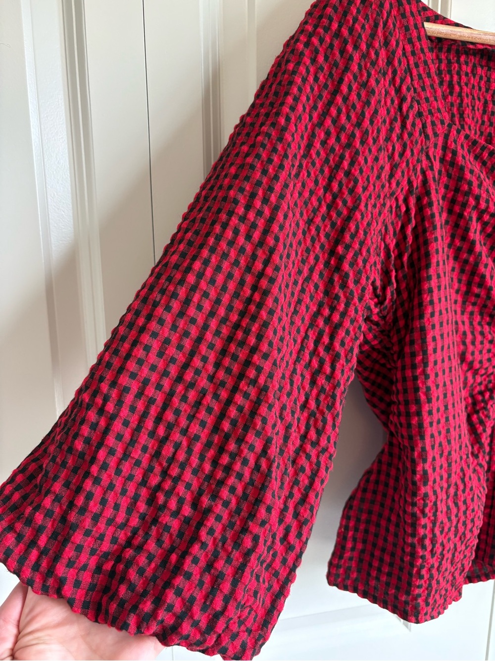 LOFT Gingham Gathered Square Neck Top Red Black Puff Sleeve Blouse Size 8 Picnic - Picture 8 of 14